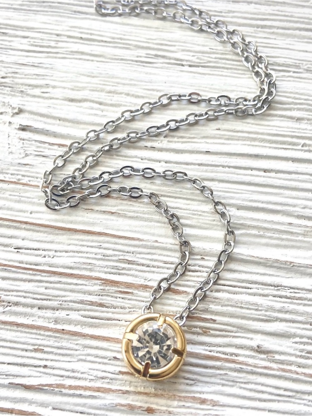 Mixed Metal Two Tone Gold and Silver Solitaire Crystal Pendant Necklace